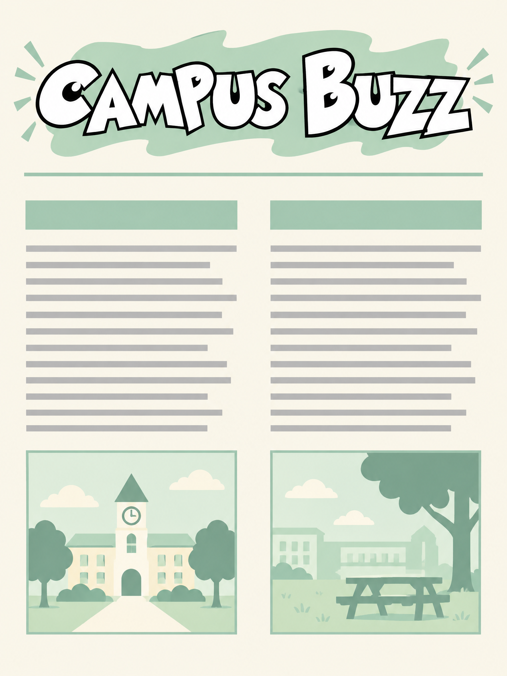 Cheerful school newsletter front page with a wide black-and-white outlined masthead.