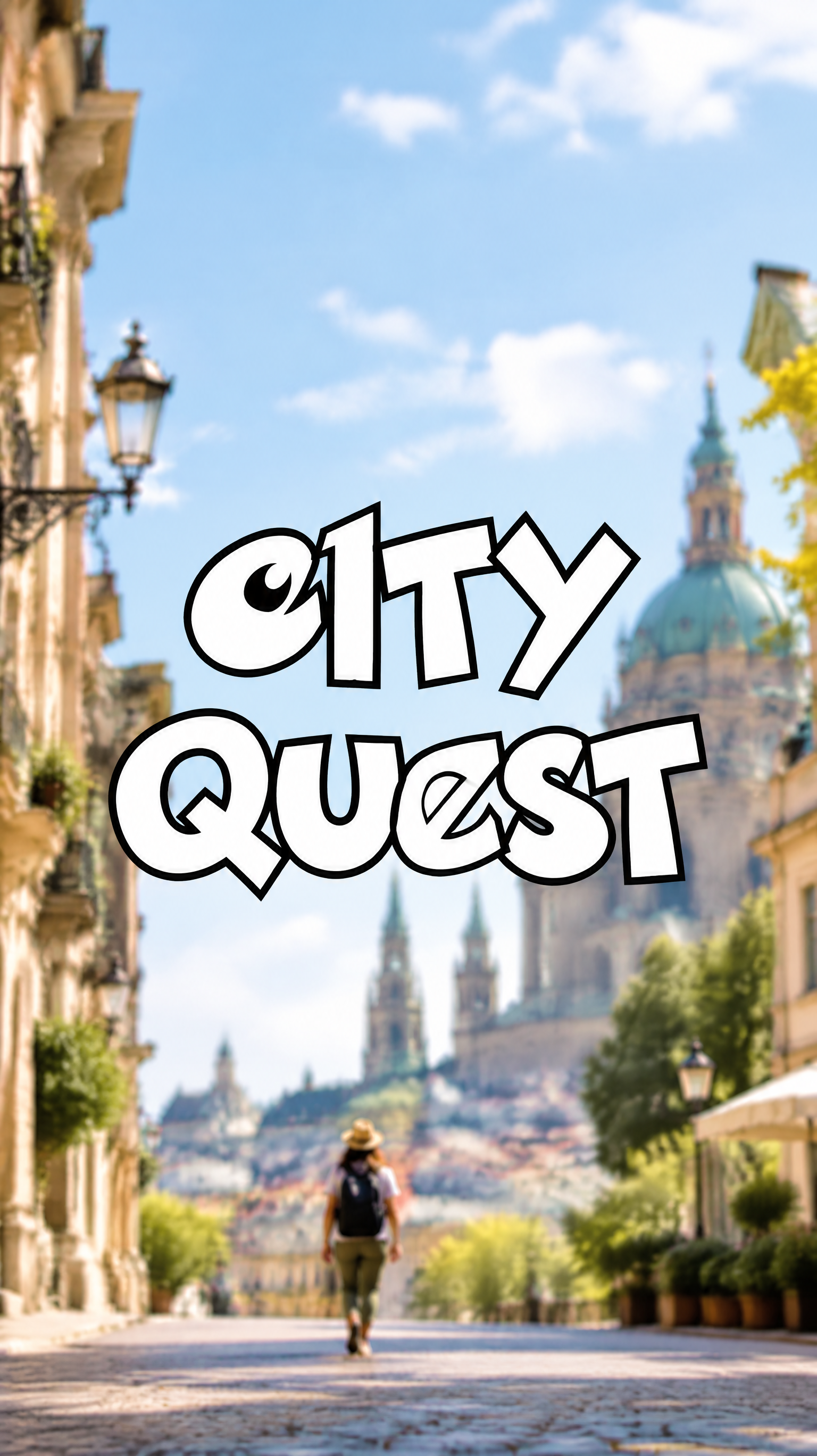 Vertical city-adventure Reels cover with bold outlined title centered over a blurred photo.