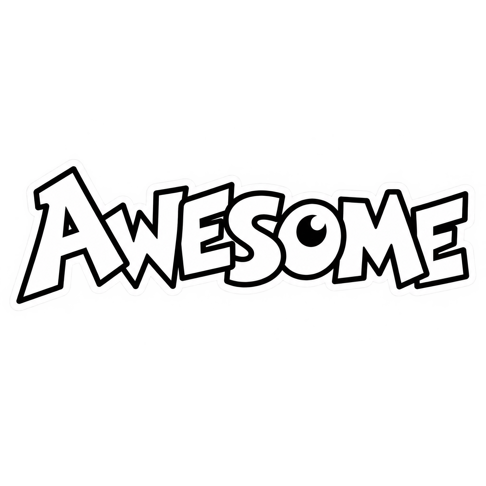 Bold one-word reaction sticker with playful black-and-white outlined lettering.