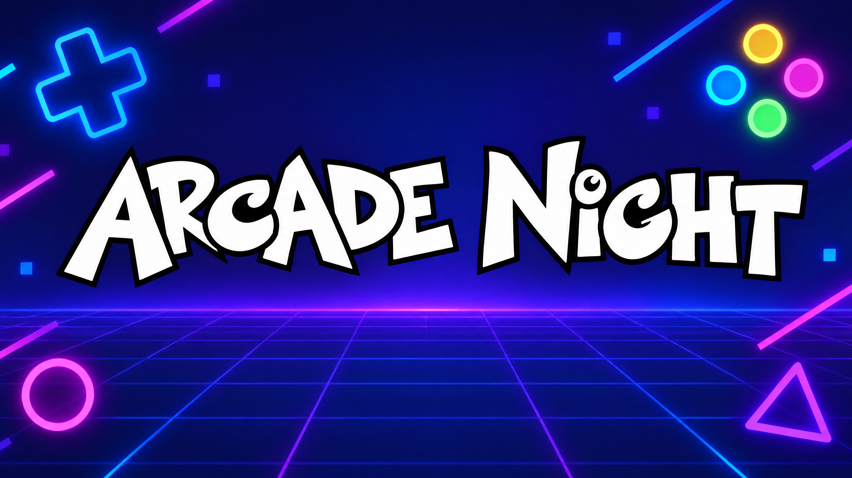 Wide game-night announcement banner with energetic outlined title lettering.