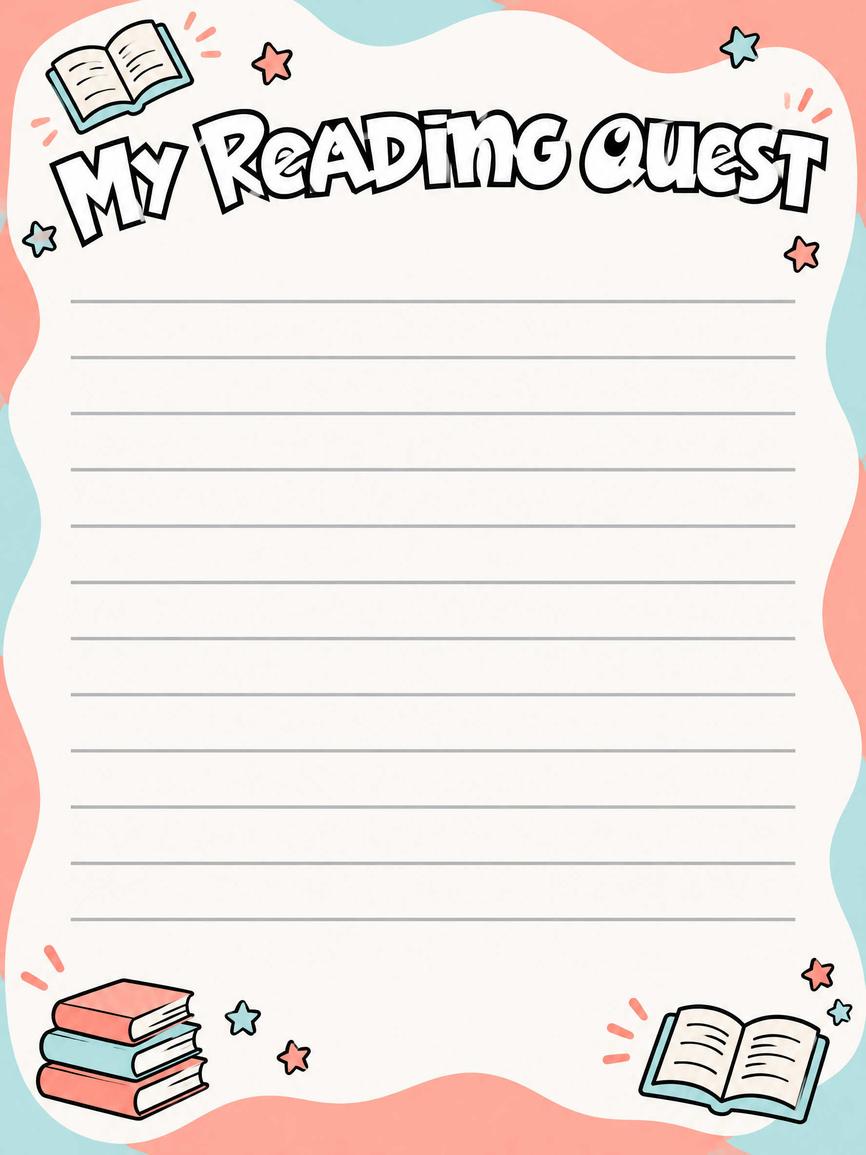 Fun reading-log worksheet with a bouncy outlined heading and simple book doodles.