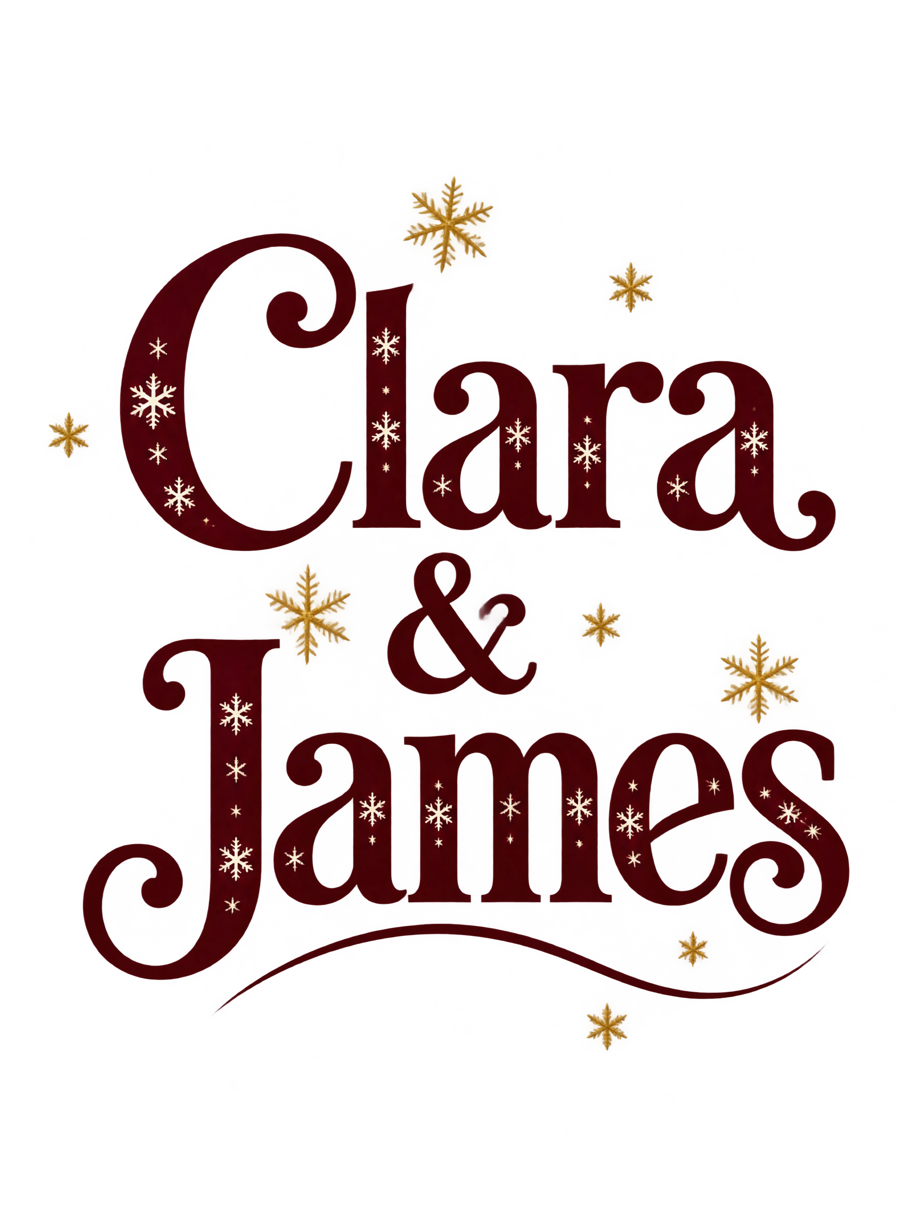 Refined couple-name lettering with ornate serif curls and delicate winter decoration.