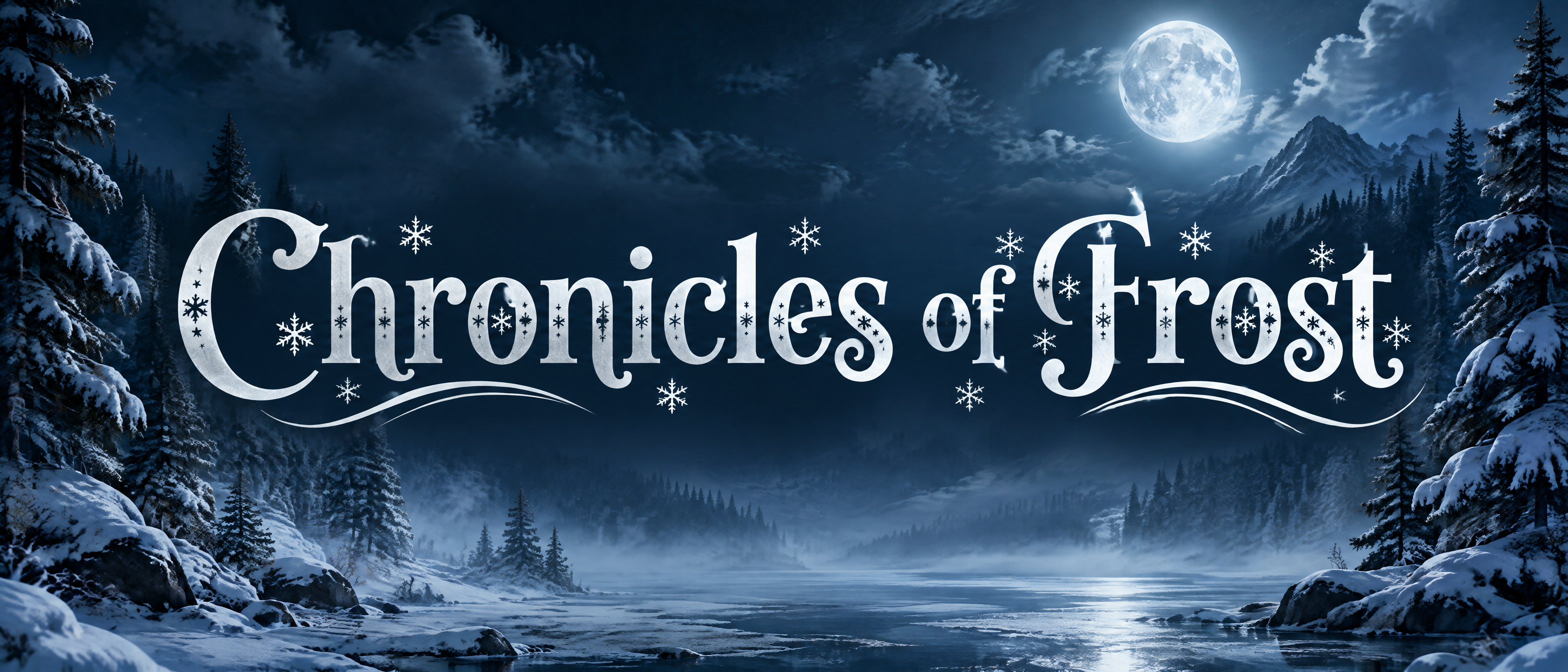 Ultra-wide fantasy lore header with ornate silver serif lettering over a snowy forest.