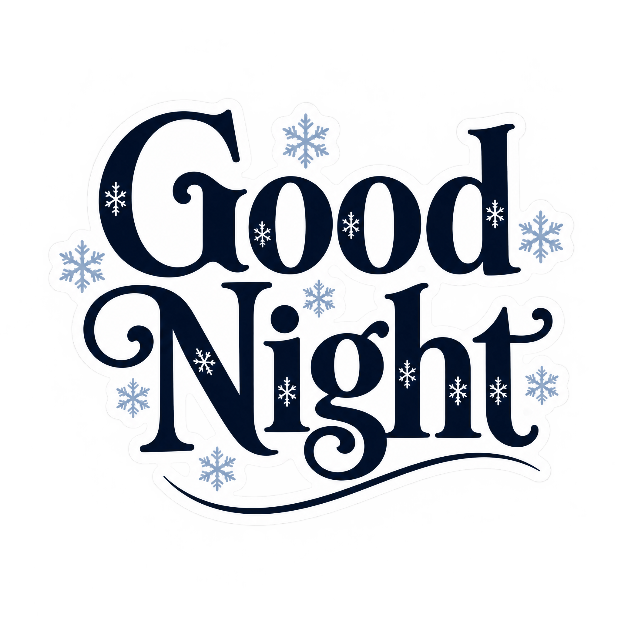 Gentle good-night sticker lettering with curled serifs and delicate snowflakes.